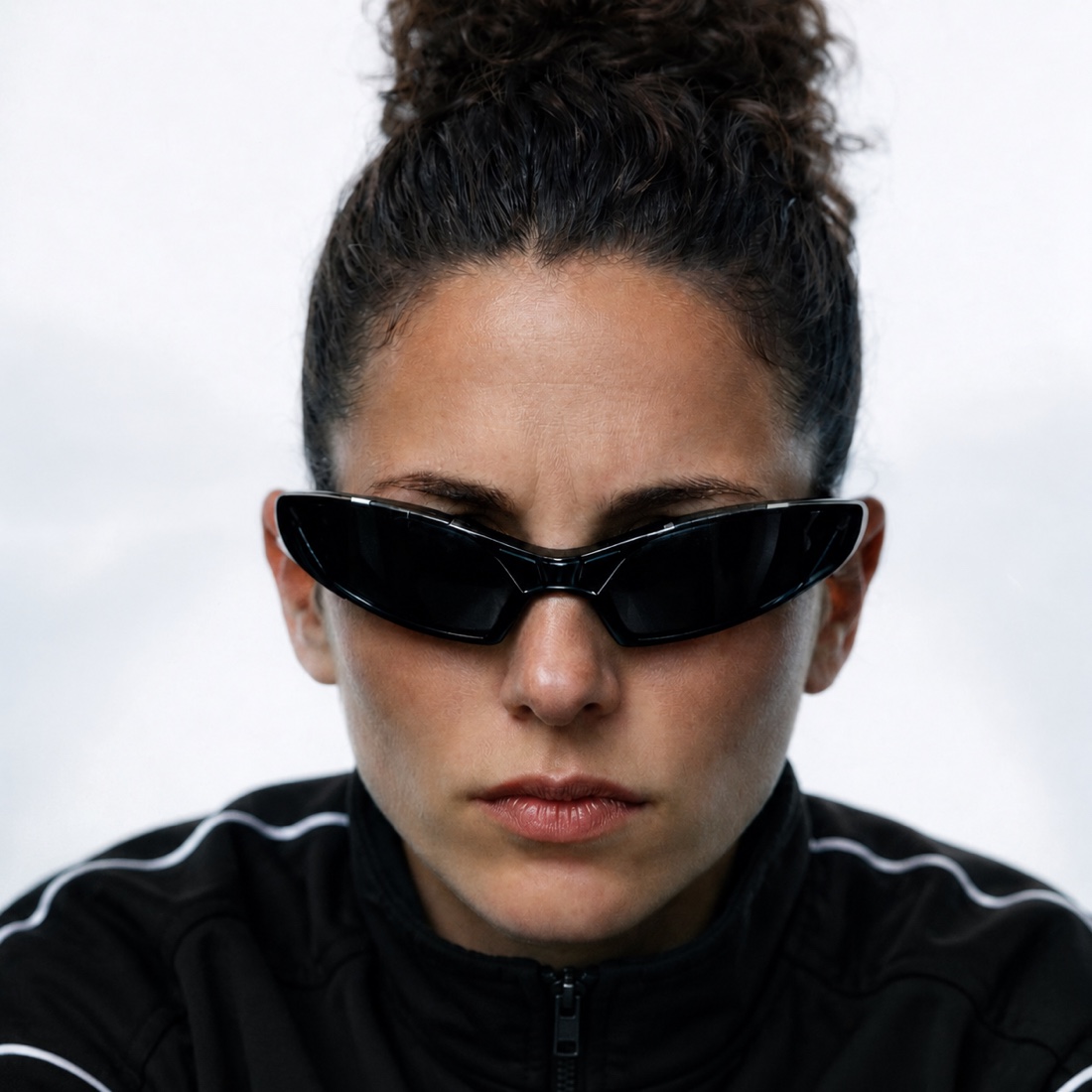 Portrait of Virginia Riva wearing black wraparound sunglasses and a black sports jacket